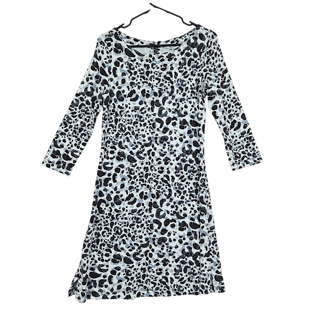 Tommy Bahama Shift Dress XS Snow Leopard Print Black White 3/4 Sleeve Stretch